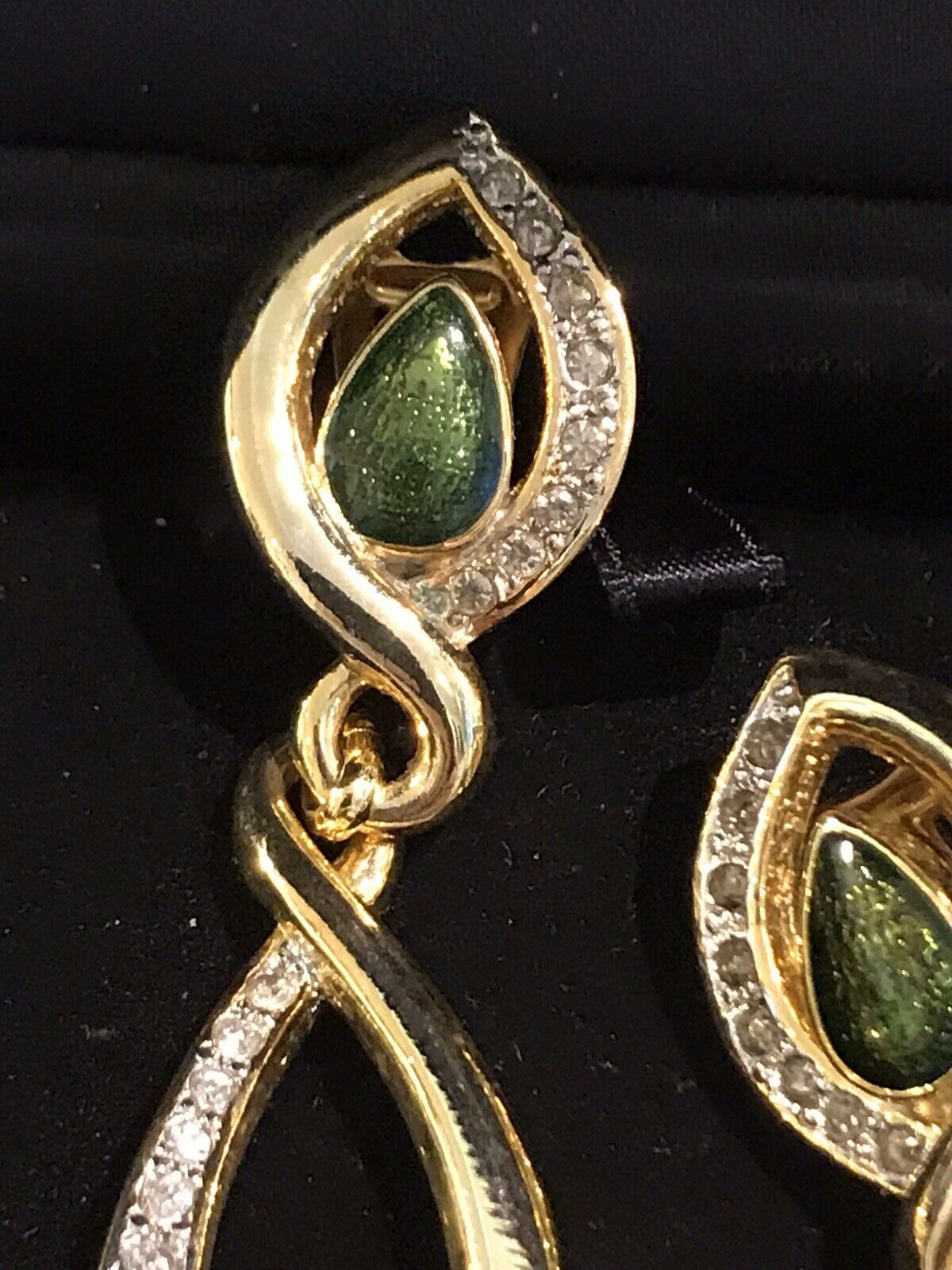 Vintage 1980s Statement Diamanté Green Enamel Drop Clip On Earrings