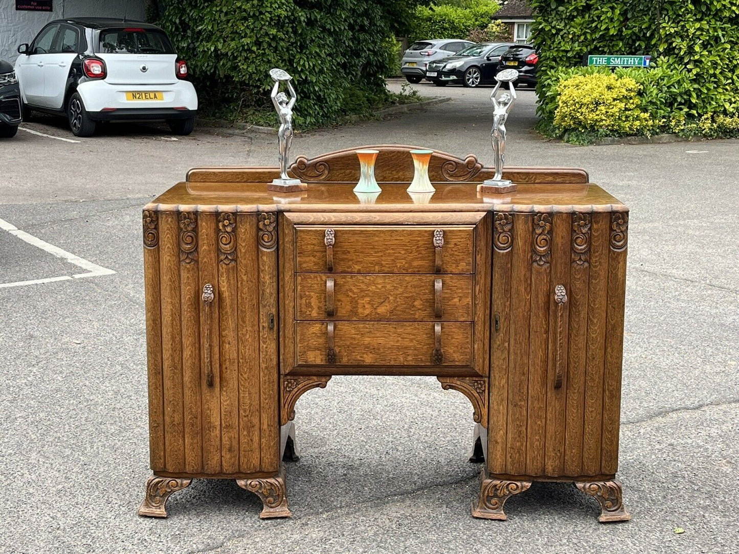 Art Deco Oak Sideboard. Circa 1930’s. Carved With Flowers . Lots Of Storage.