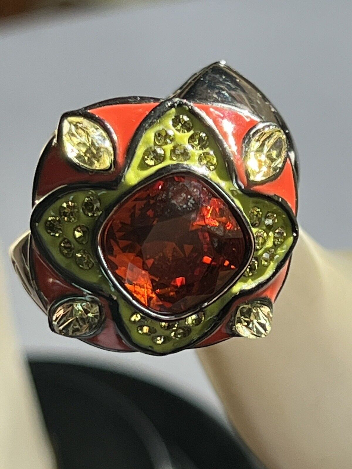 Vintage Designer Guess Orange Stone Gunmetal Ring