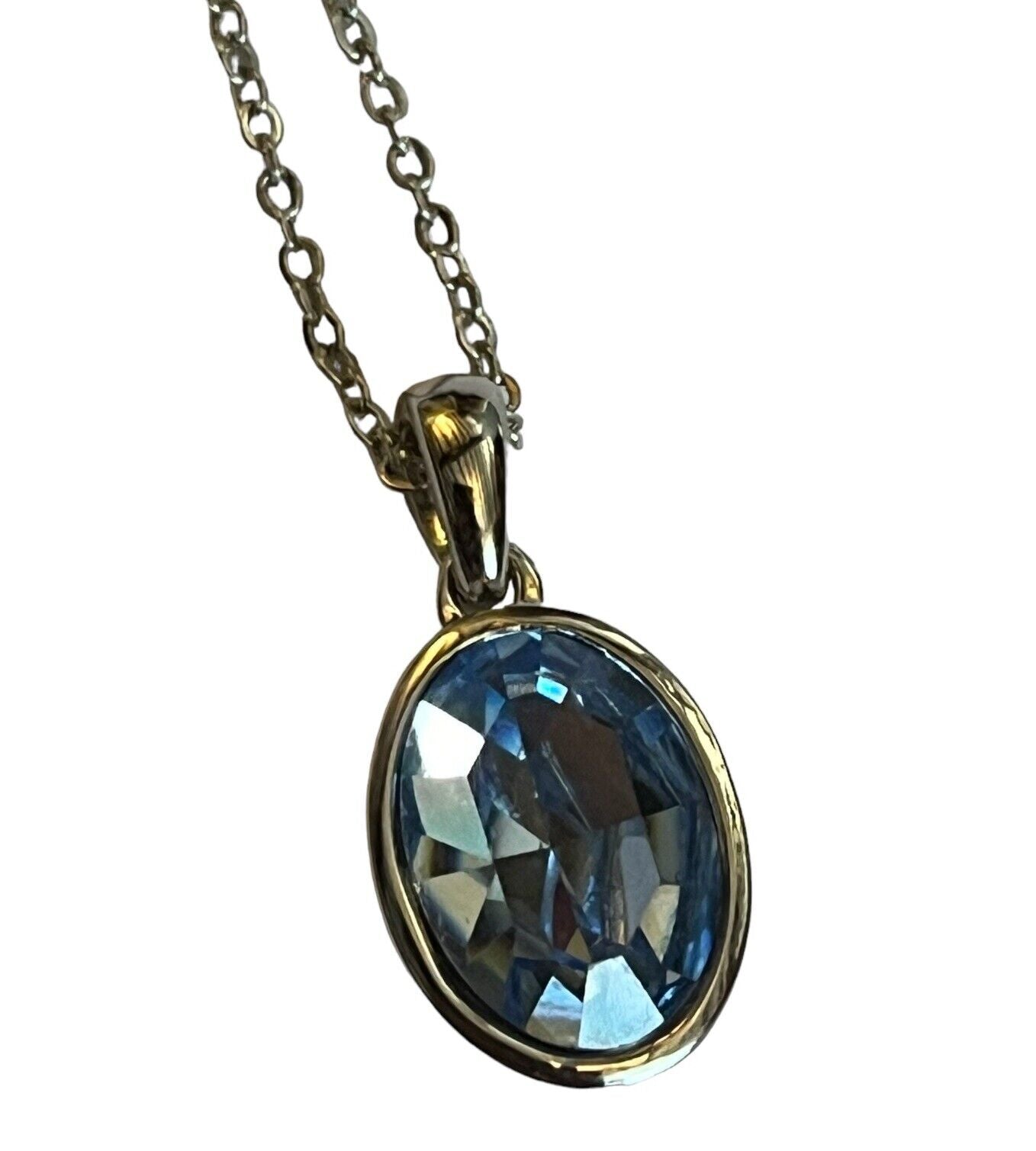 Vintage 1980s Rhodium Plated Blue Solitaire Crystal Necklace New Old Stock