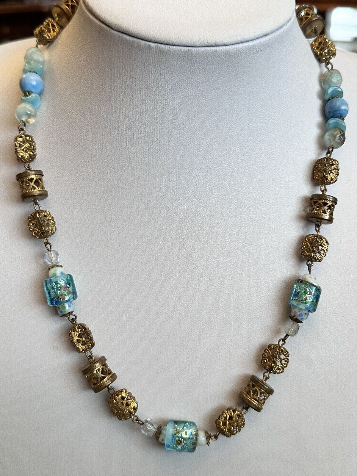Vintage Turquoise Foil Back Metal Beaded Necklace