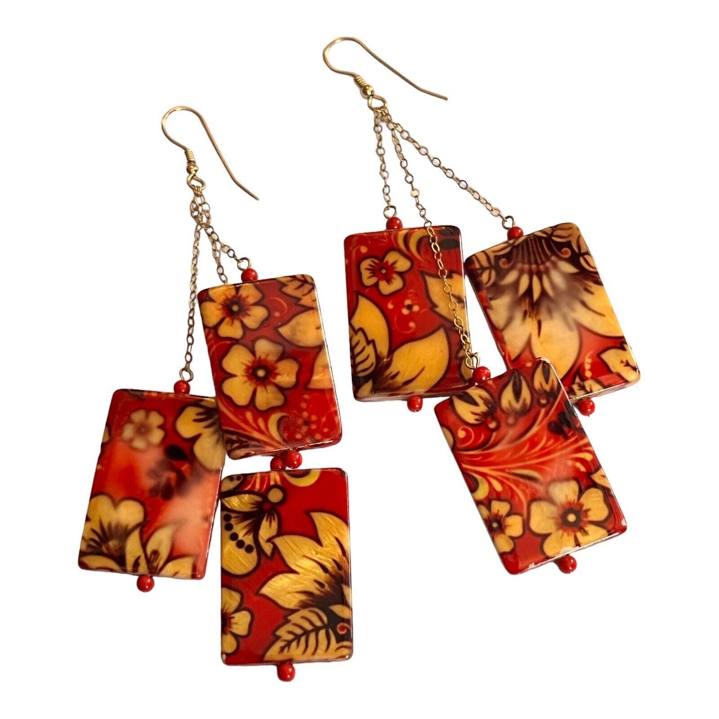 Vintage Long Drop Red Yellow Flowers Earrings
