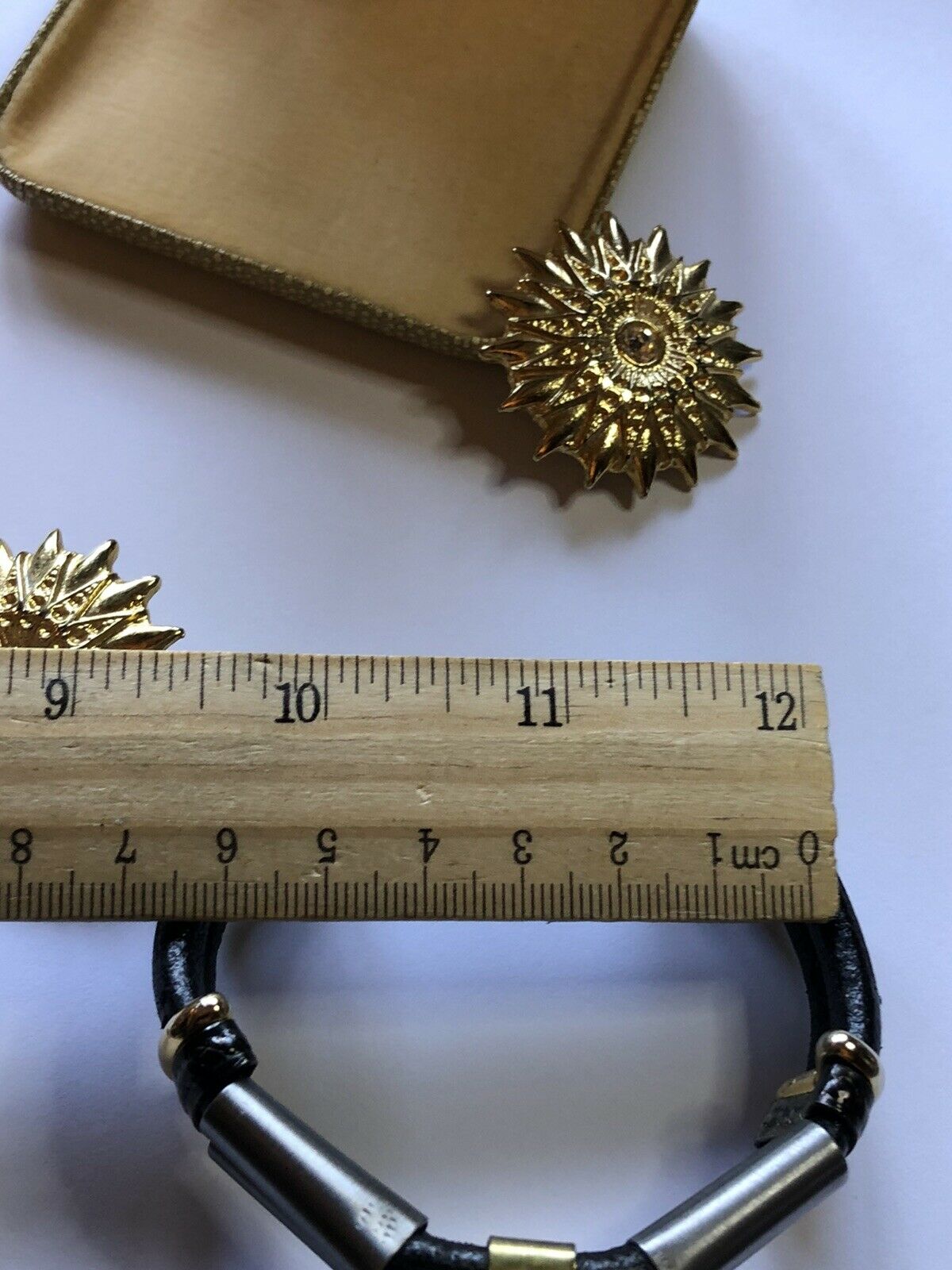 Vintage Sunburst Diamanté Gold Tone Leather Bracelet Clip On Earring Set