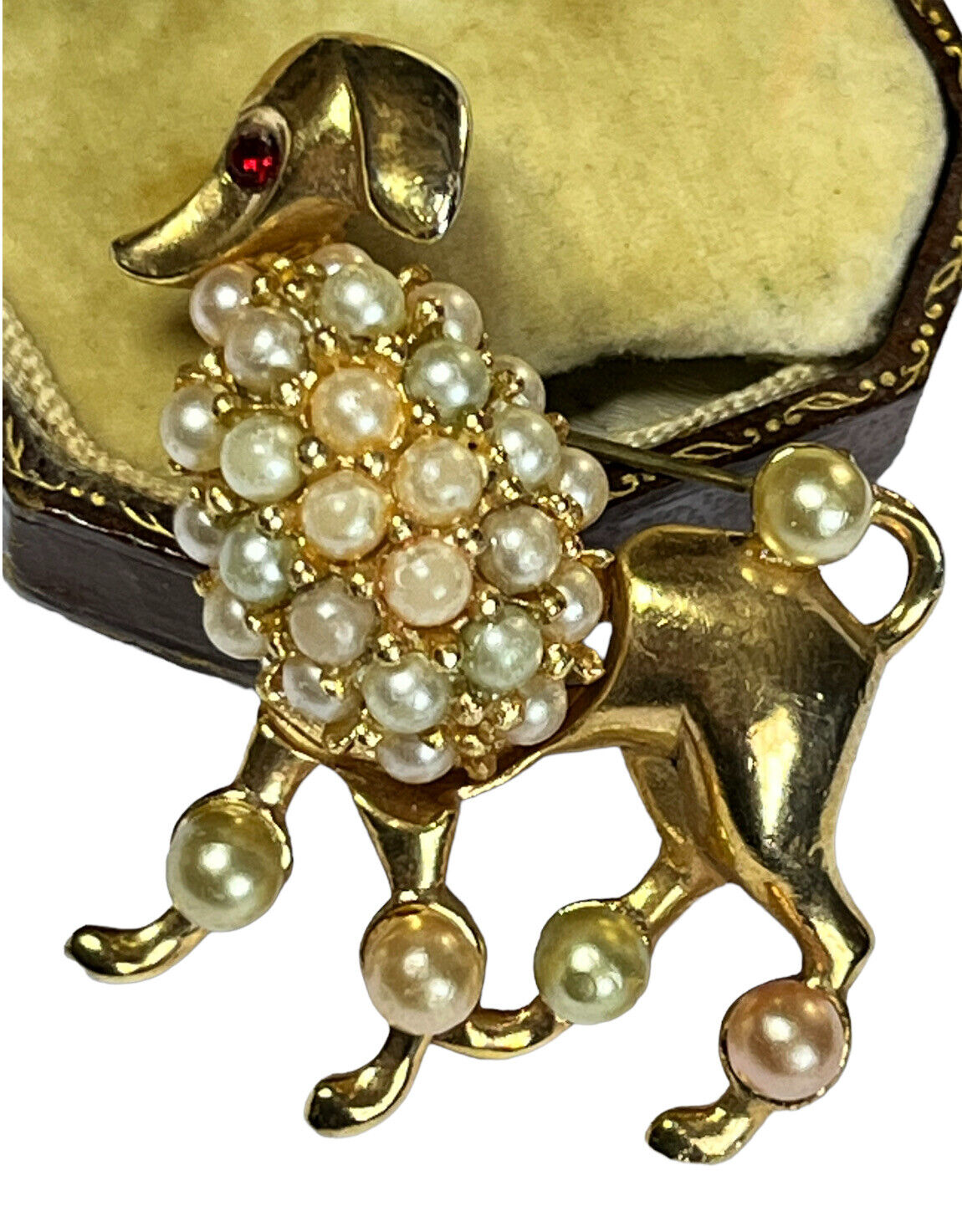 Vintage Gold Tone Faux Pearl Poodle Brooch