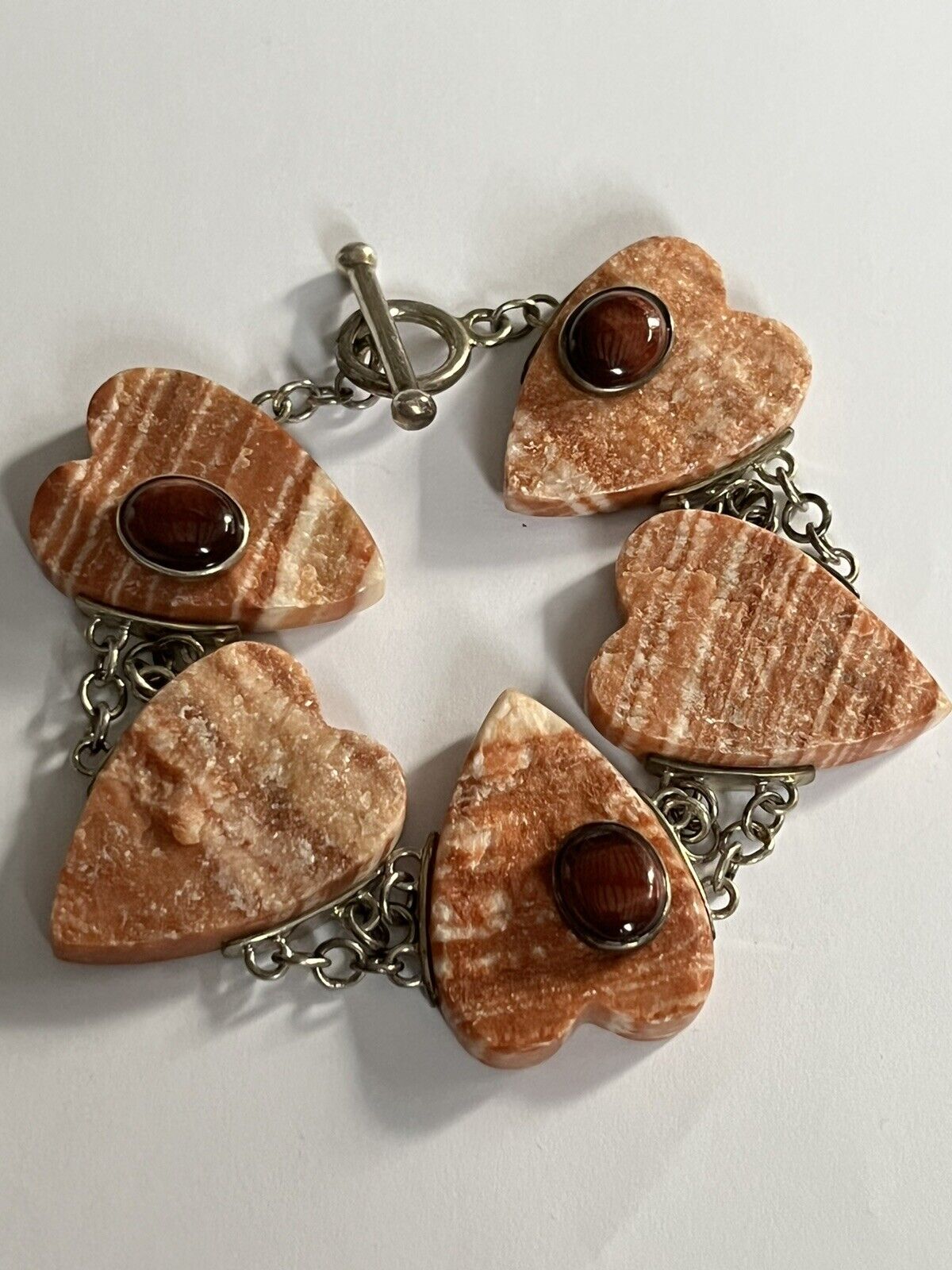 Vintage Silver 925 Natural Stone Hearts Bracelet