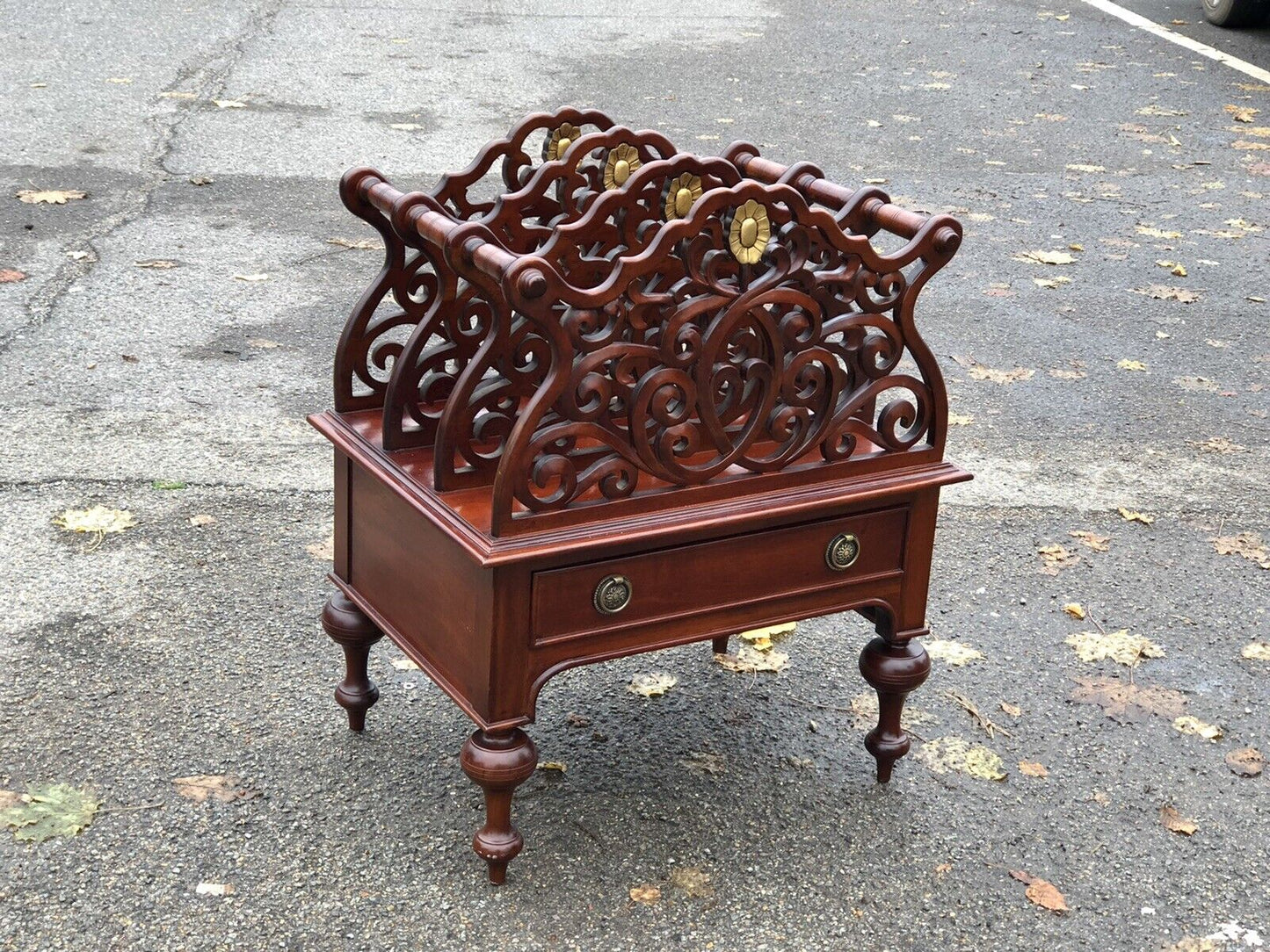 Mahogany Canterbury Magazine Rack With Drawer