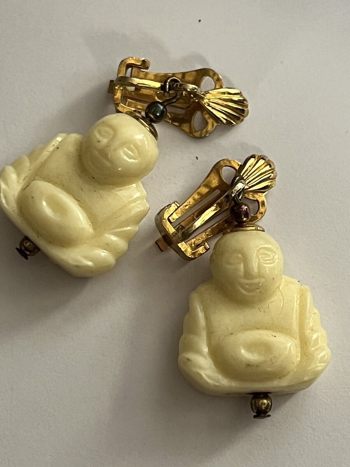 Vintage Celluloid Happy Buddha Clip on Earrings