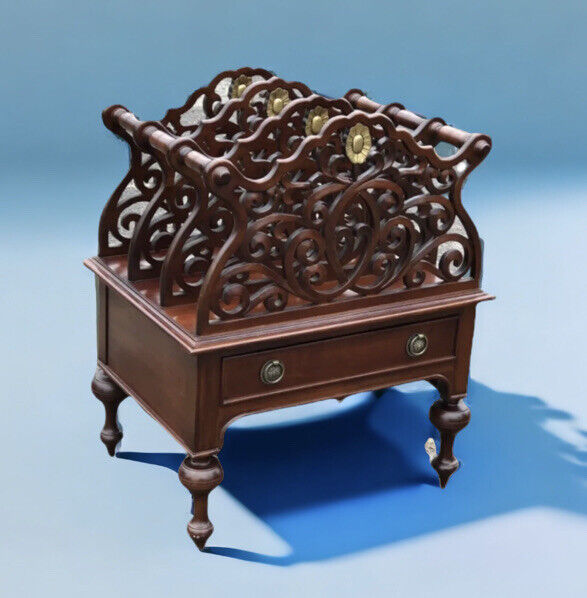 Mahogany Canterbury Magazine Rack With Drawer