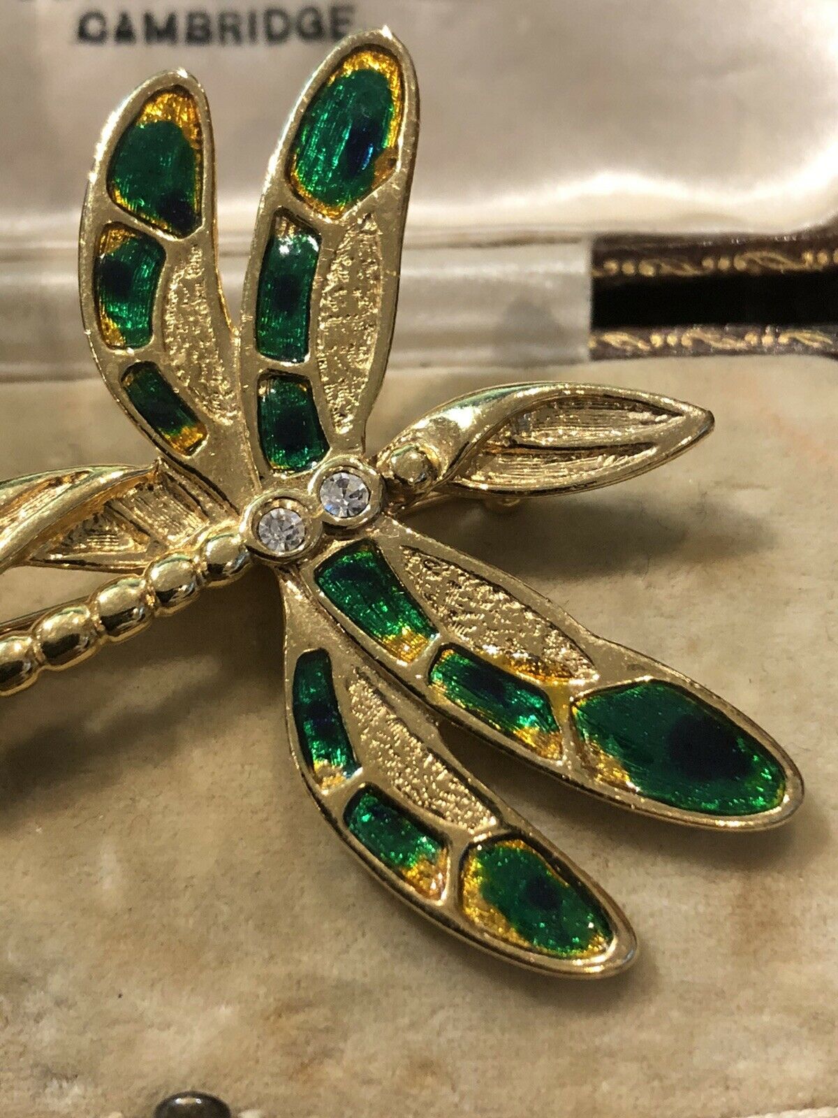 Vintage Gold Tone Diamanté Enamel Dragonfly Brooch