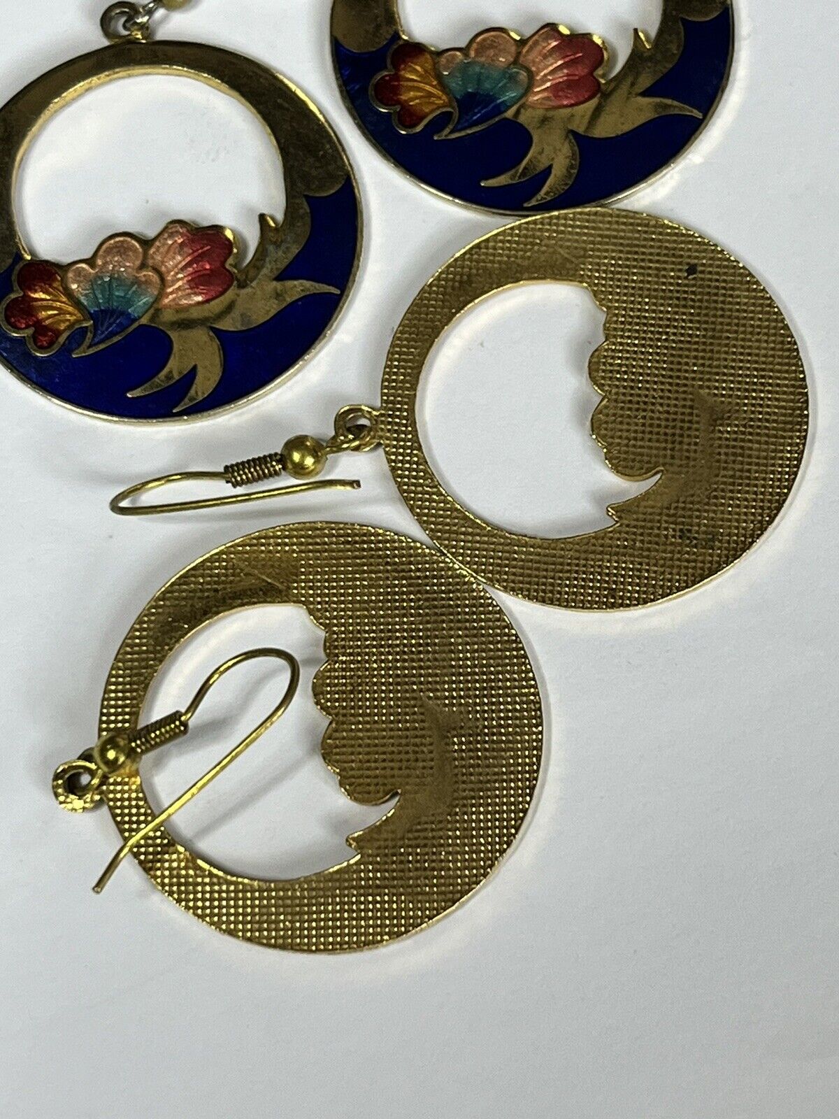 Vintage Enamel Cloisonné Hoop Drop Earrings Set Of Two