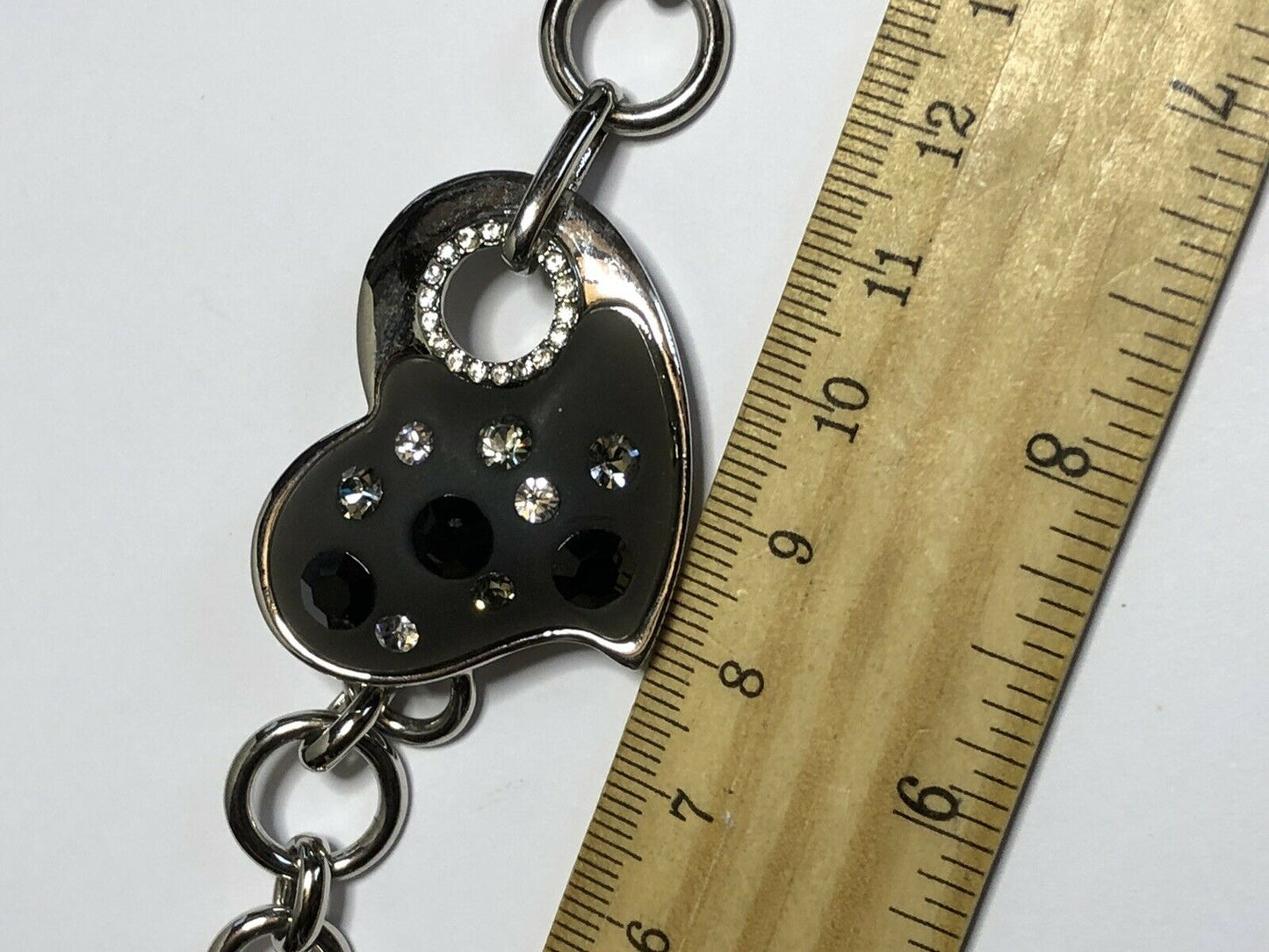Vintage Silver Tone Glass Heart Diamanté Toggle Bracelet