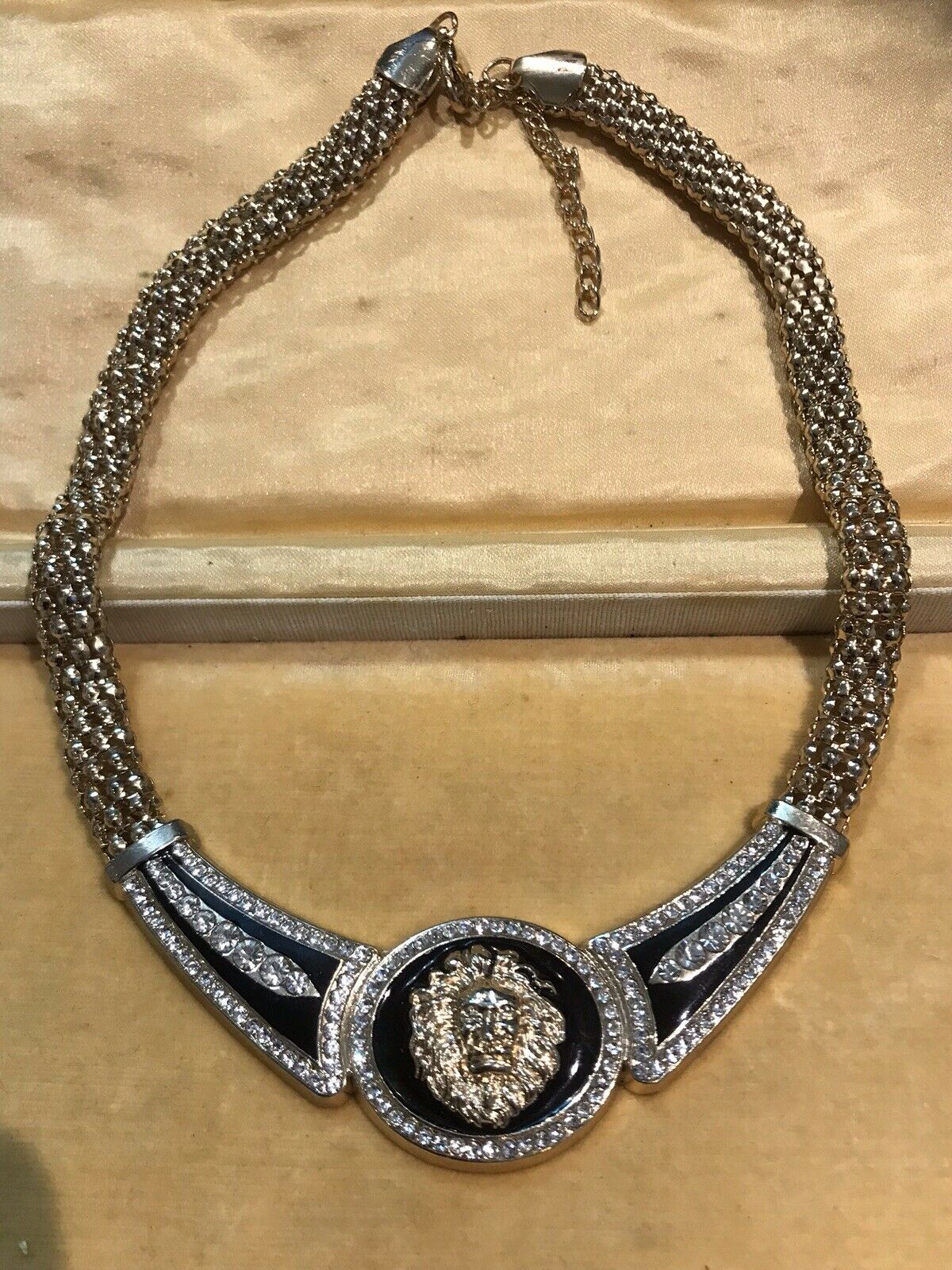 Vintage 1980s Lion Black Enamel Diamanté Necklace