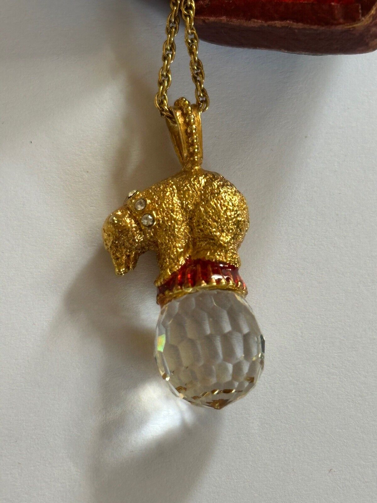 Vintage Gold Tone Polar Bear On Ball Enamel Diamanté Pendant Necklace