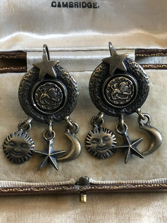 Vintage Etruscan Stars Moon Sun Lion Pierced Earrings