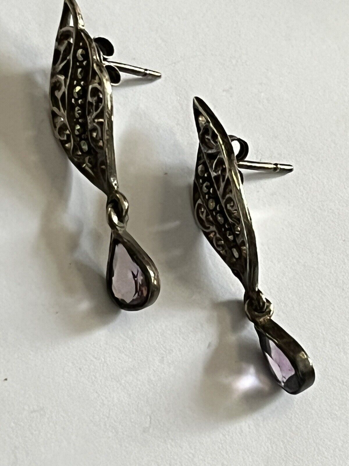 Vintage Silver 925 Cutout Marcasite Amethyst Earrings
