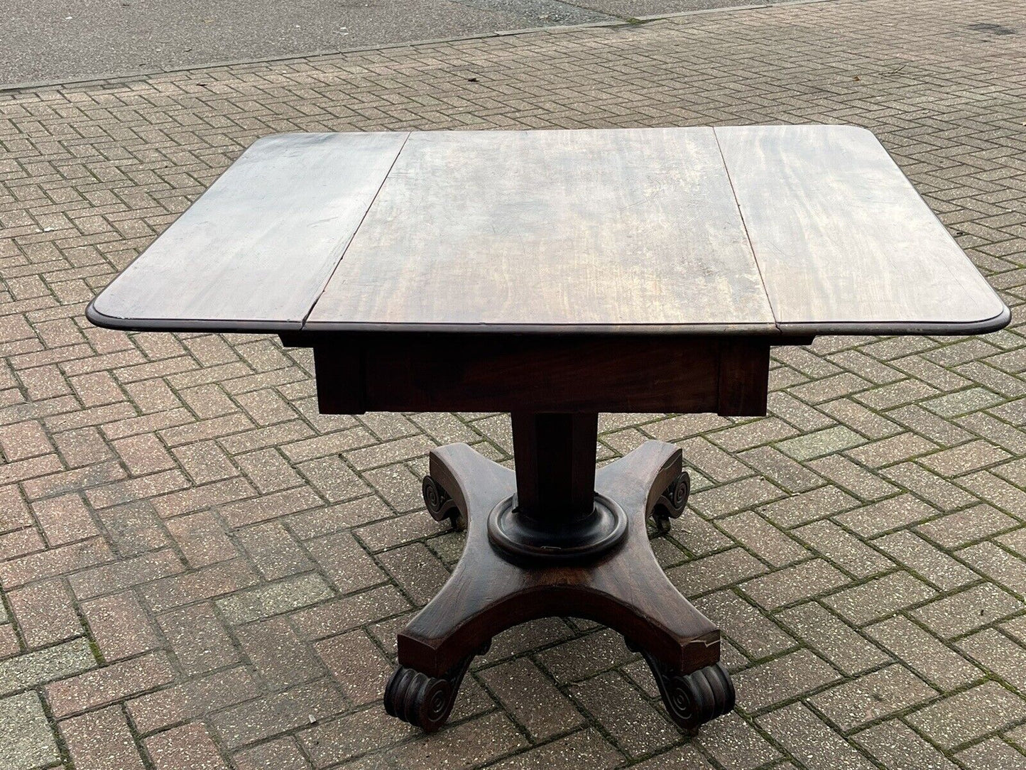 Antique Regency Mahogany Lamp / Sofa Table, Fold Down Flaps, Drawer.