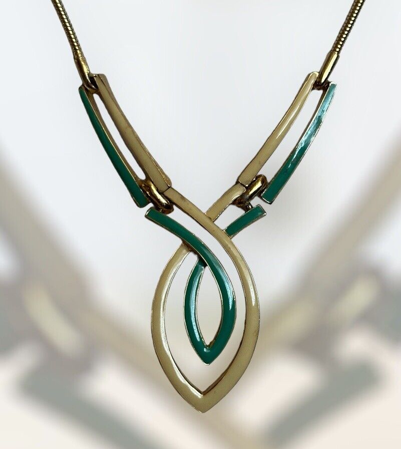 Vintage Green Enamel Cream Gold Tone Necklace