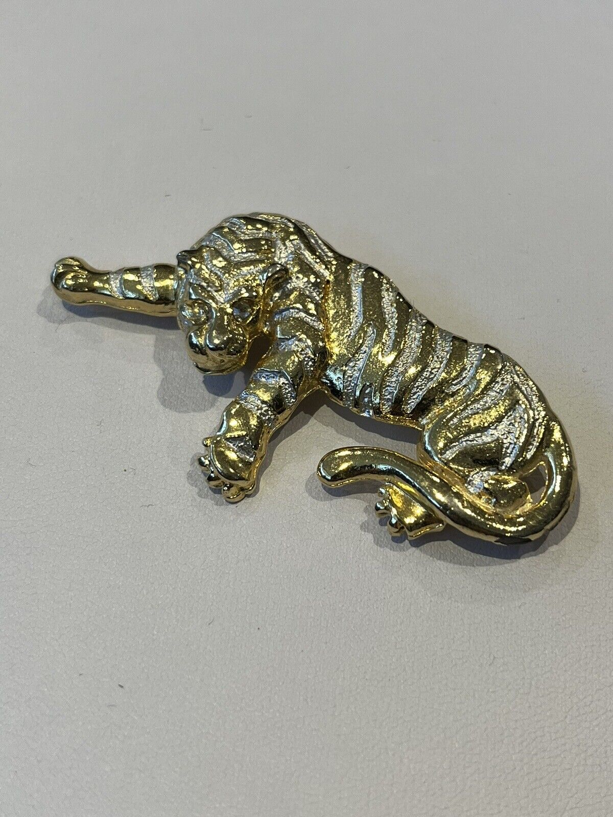 Vintage Gold Silver Tone Tiger Brooch