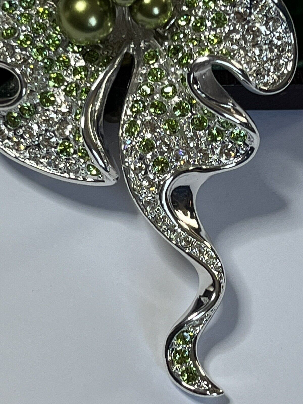 Vintage Statement Flower Rhodium Plated Green Faux Pearl And Diamanté Brooch