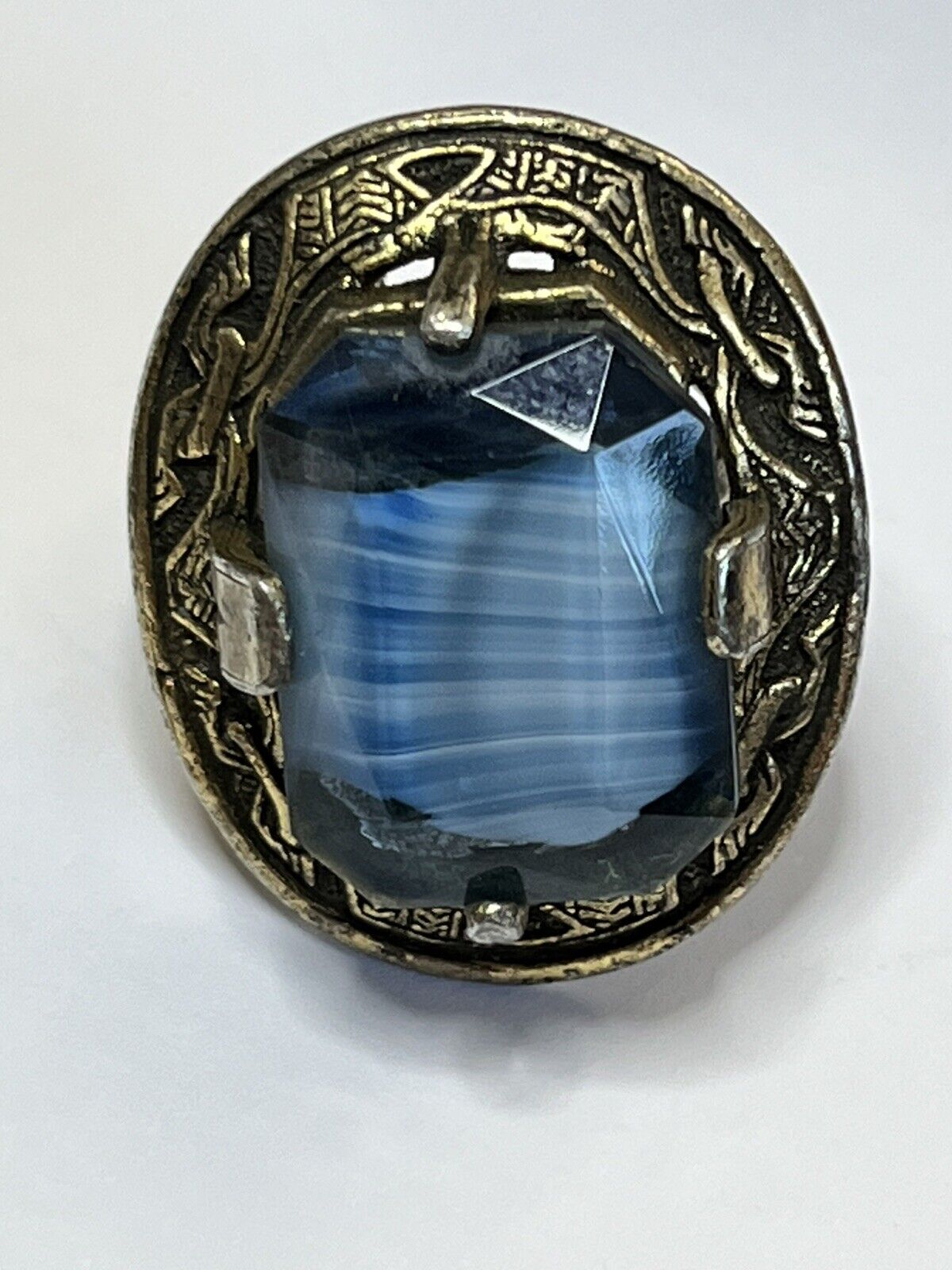 Vintage Celtic Large Glass Blue Stone Ring