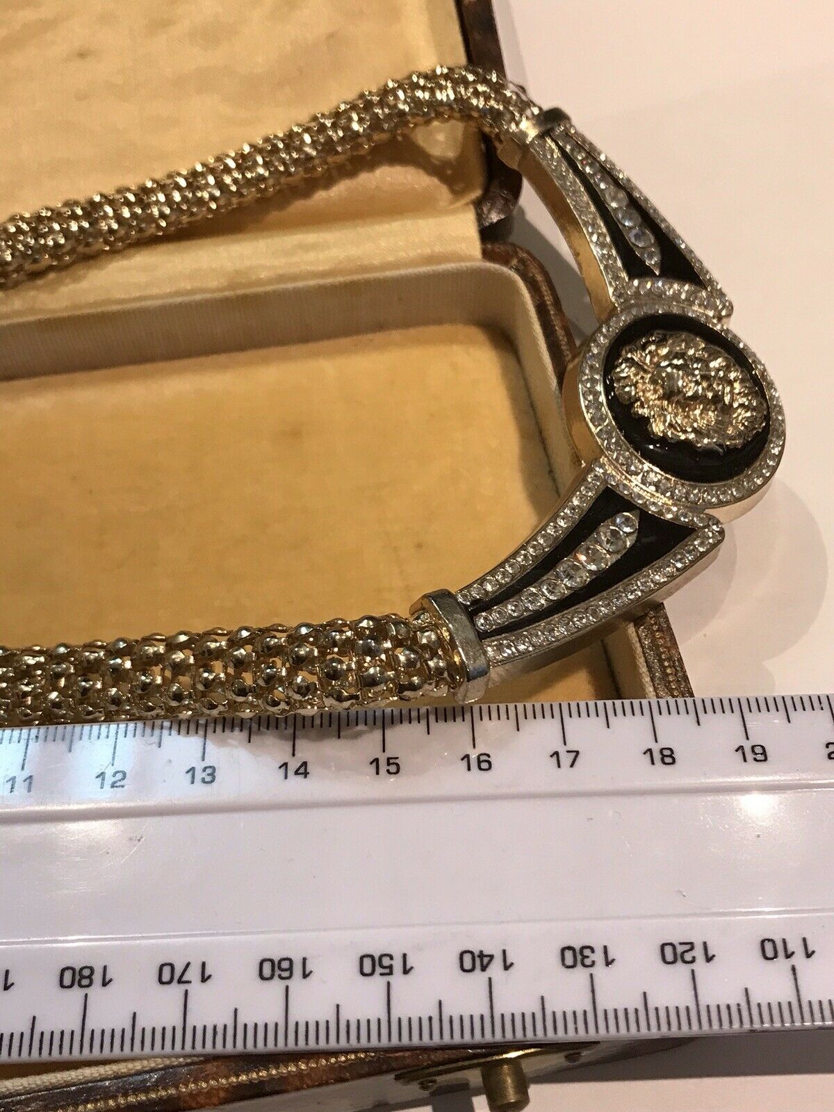Vintage 1980s Lion Black Enamel Diamanté Necklace