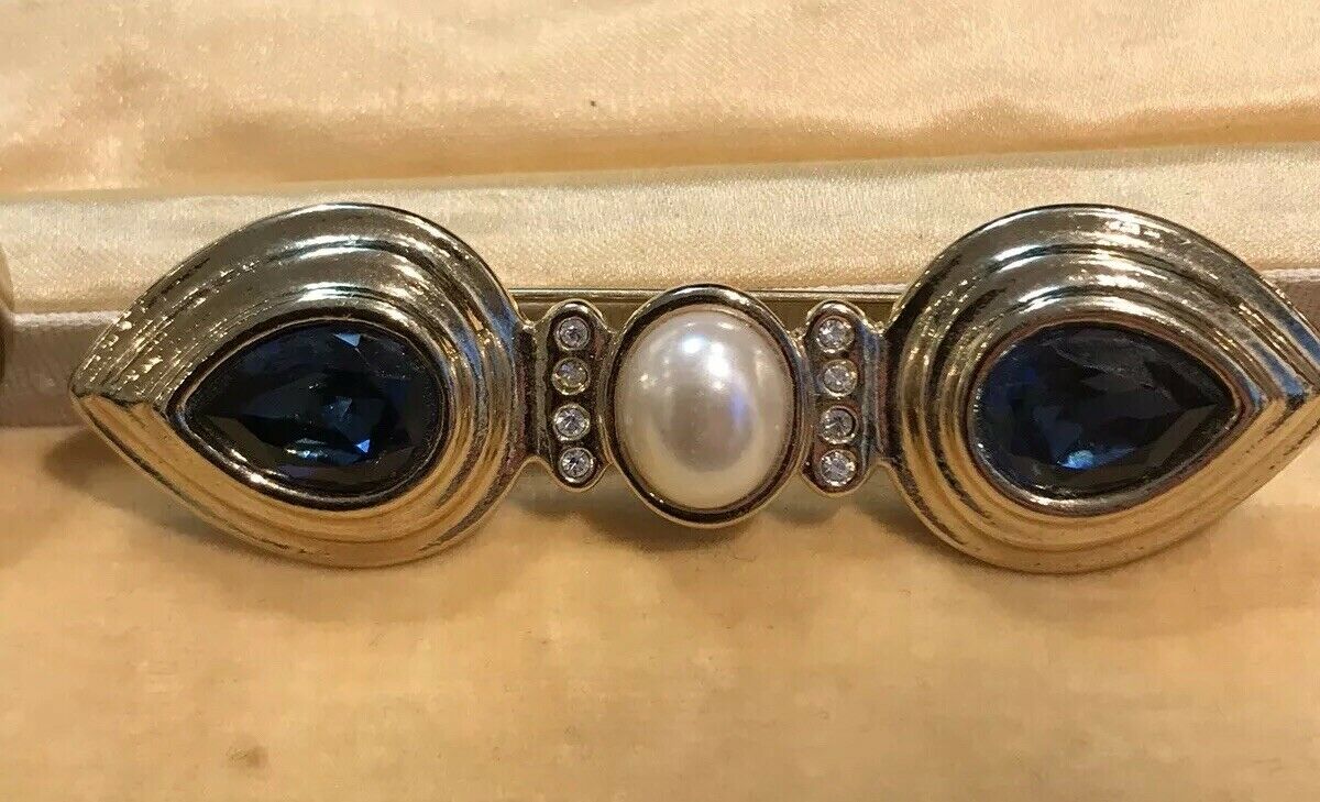 Vintage Faux Pearl Blue Diamanté Statement Brooch Designer