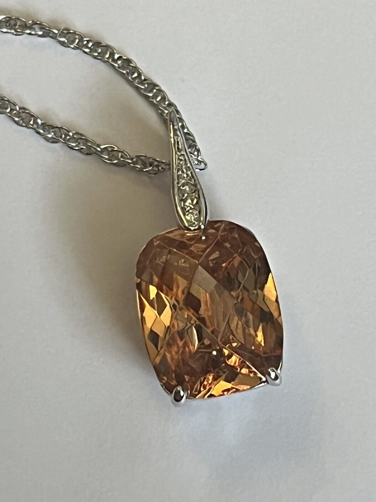 Vintage 1980s Rhodium Plated Solitaire Orange Crystal Necklace New Old Stock