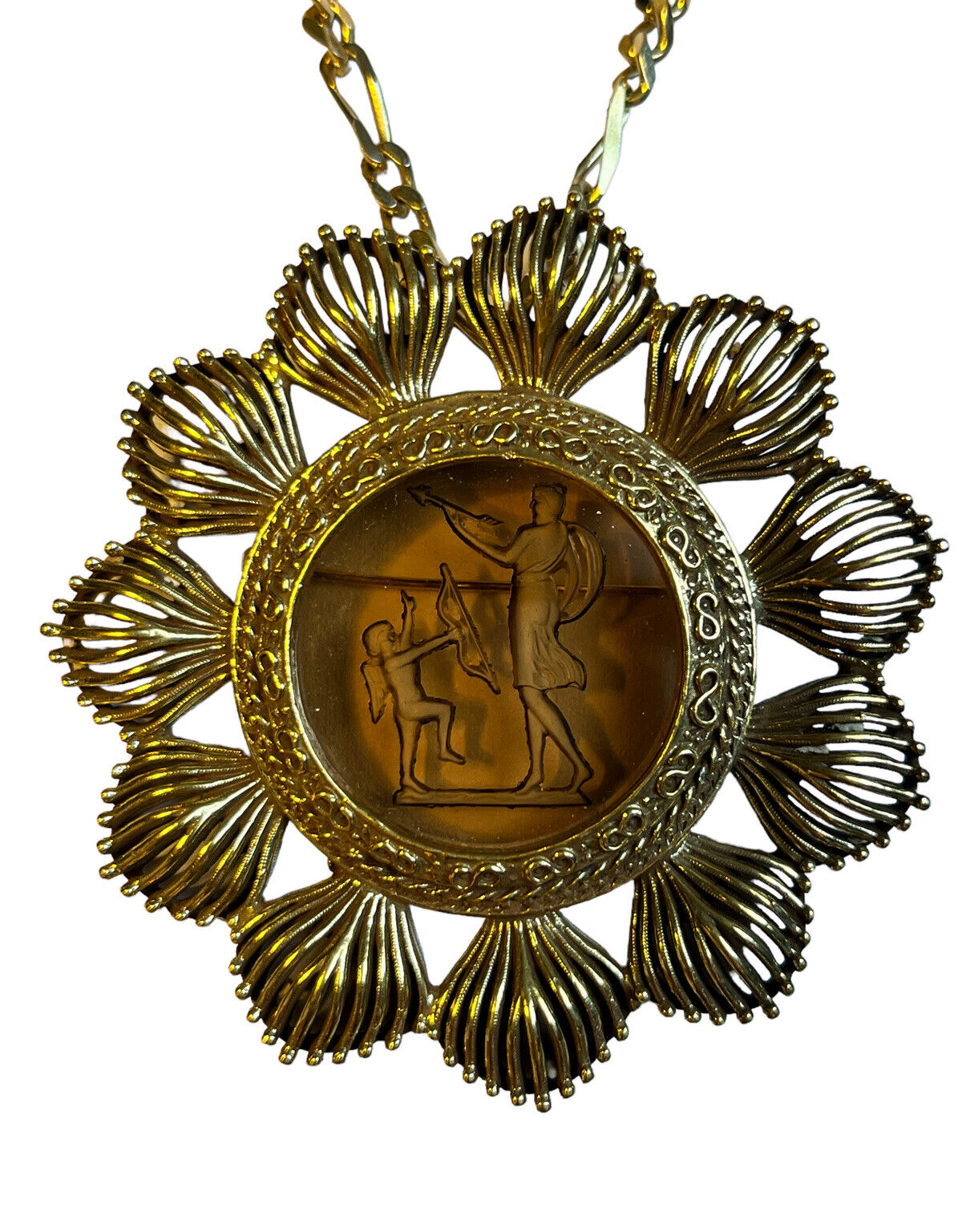 Vintage Gold Plated Etched Glass Pendant Brooch 18K Plated Chain