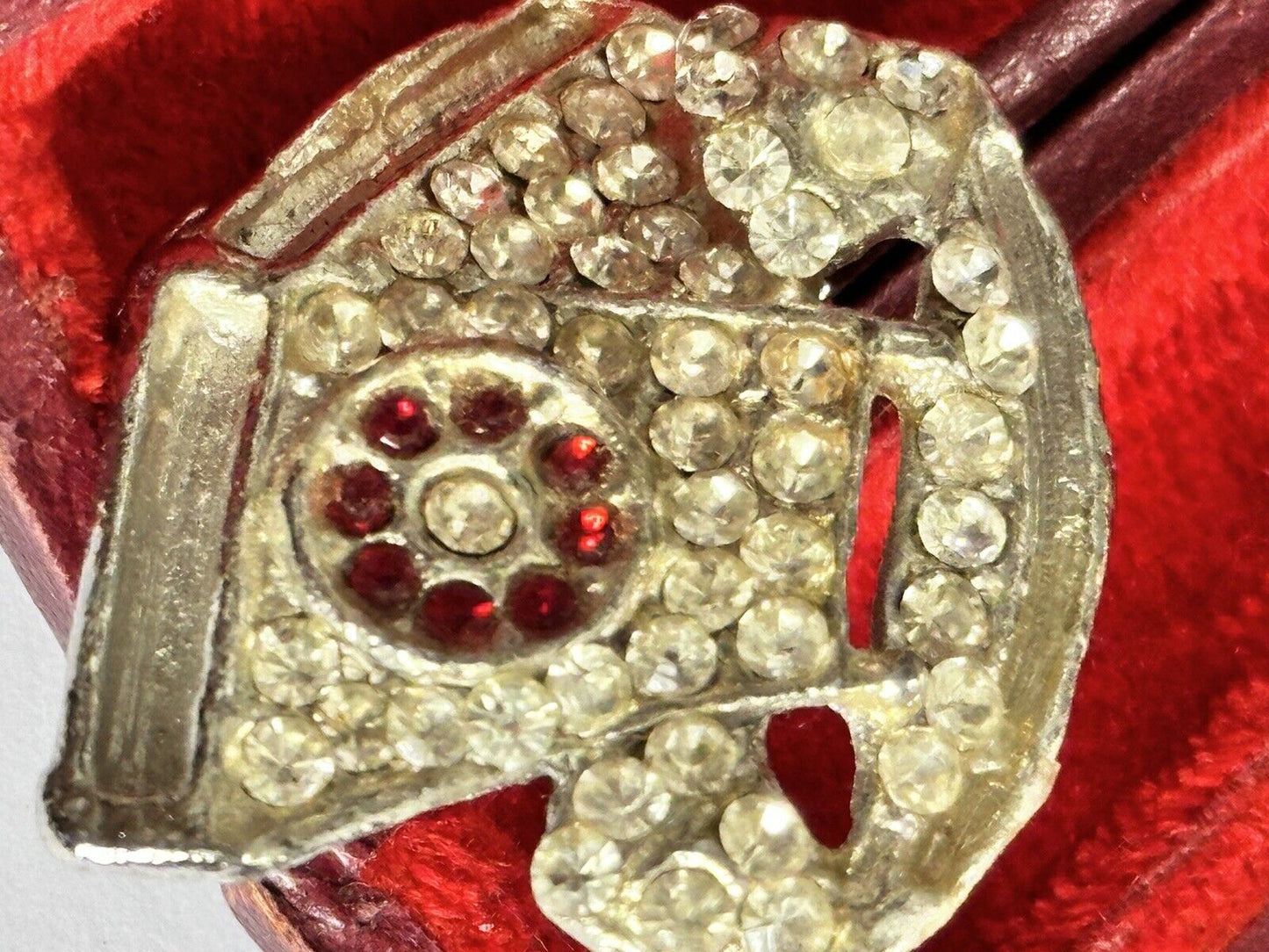 Vintage Old Silver Tone Clear Red Paste Telephone Brooch