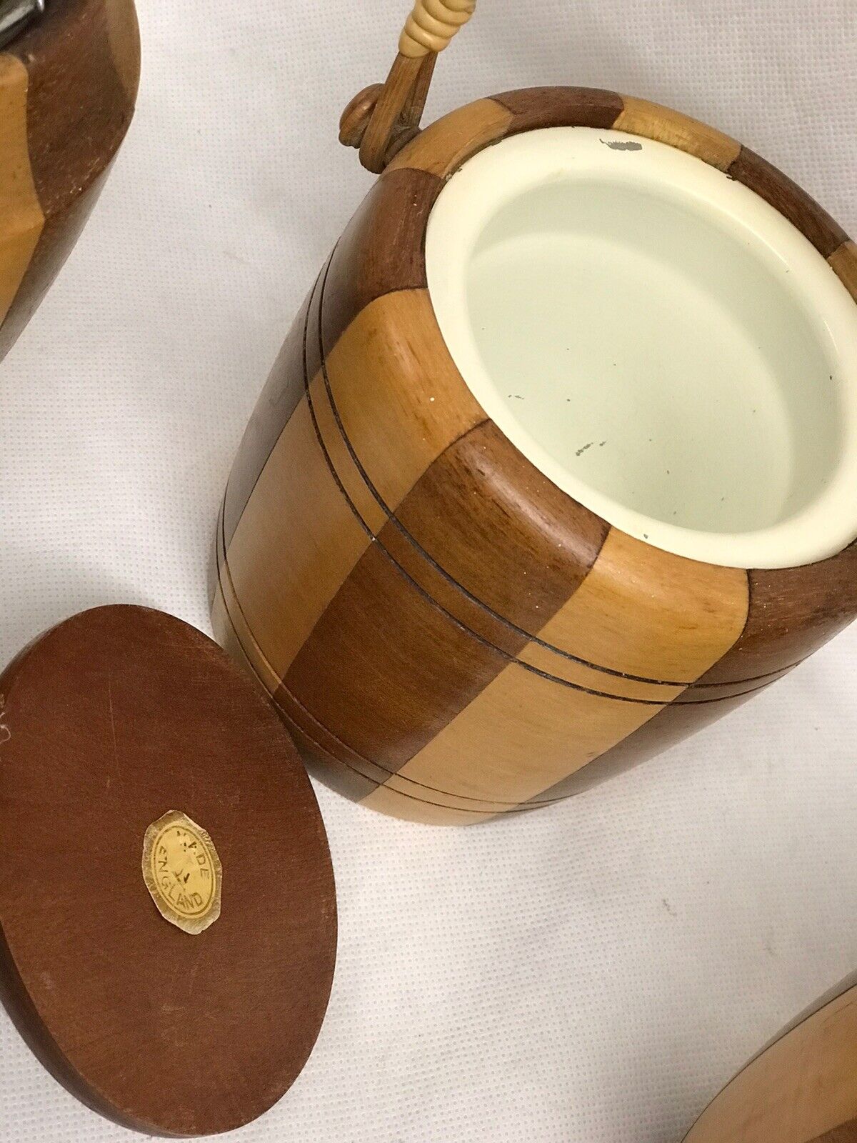 Mid Century Set Of Wooden Pots. Biscuit Barrel & 2 Posy Holders.