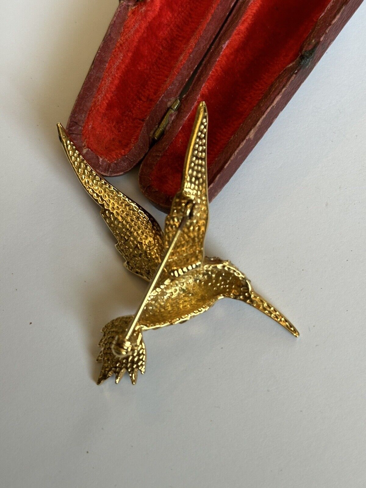 Vintage Gold Plated Red Diamanté Black Enamel Bird Brooch