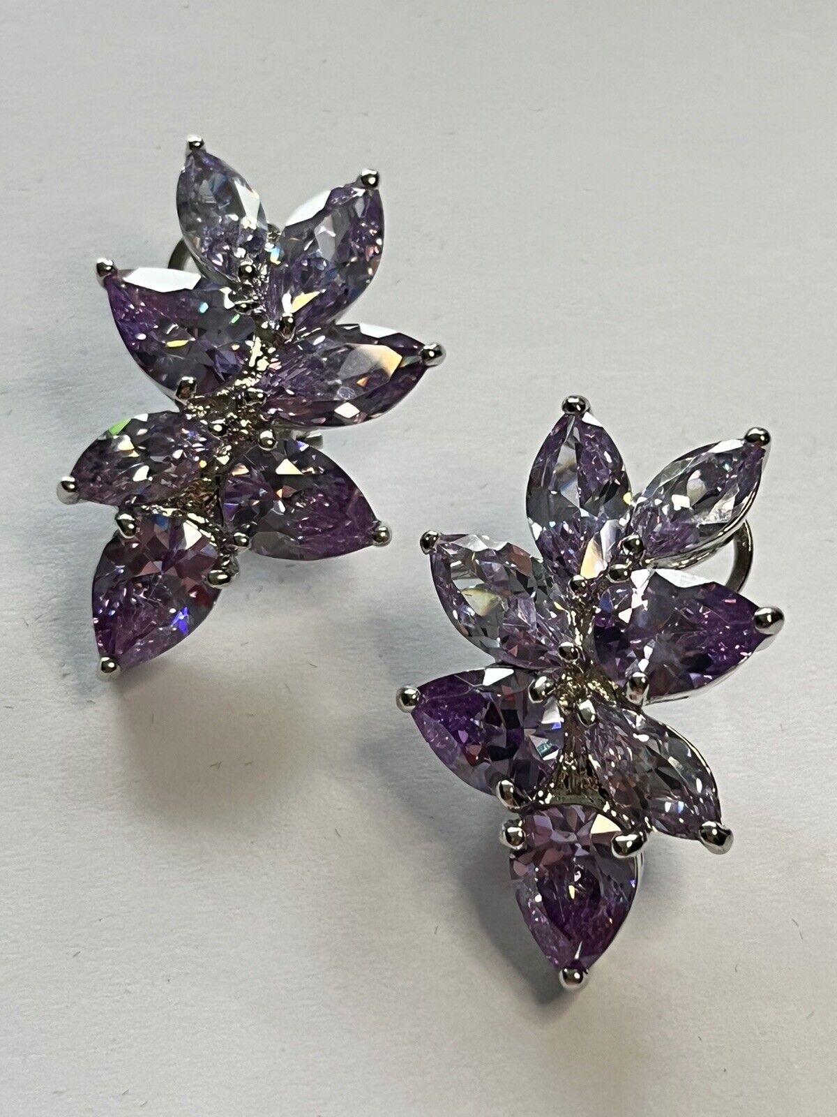 Vintage 1980s Rhodium Plated Purple Crystal Earrings New Old Stock Boxed