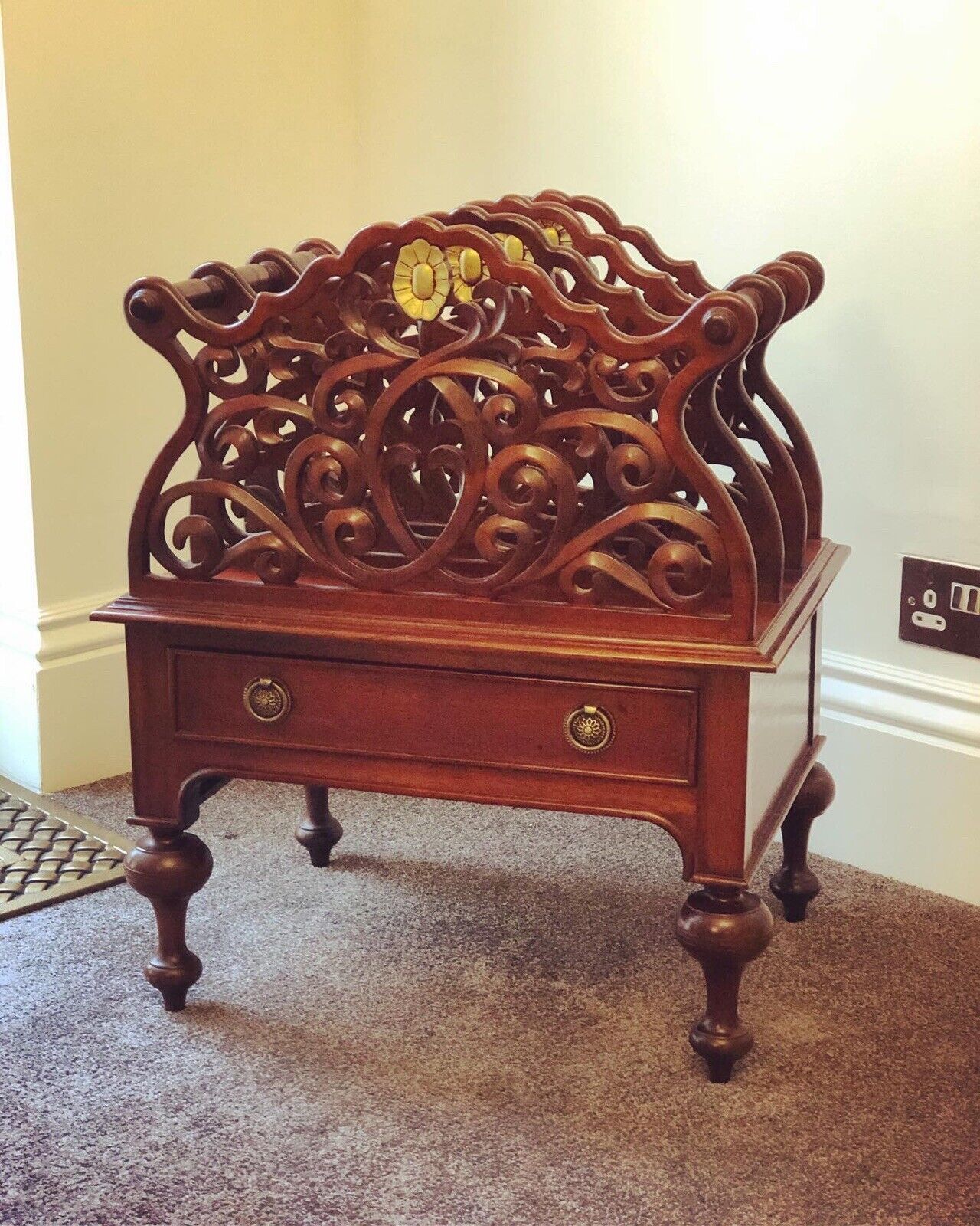 Mahogany Canterbury Magazine Rack With Drawer