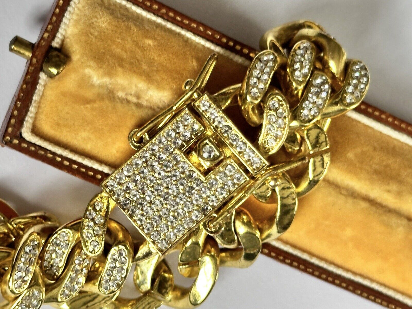 Vintage 1980s Gold Plated Diamanté Link Substantial Bracelet With Safety Catches