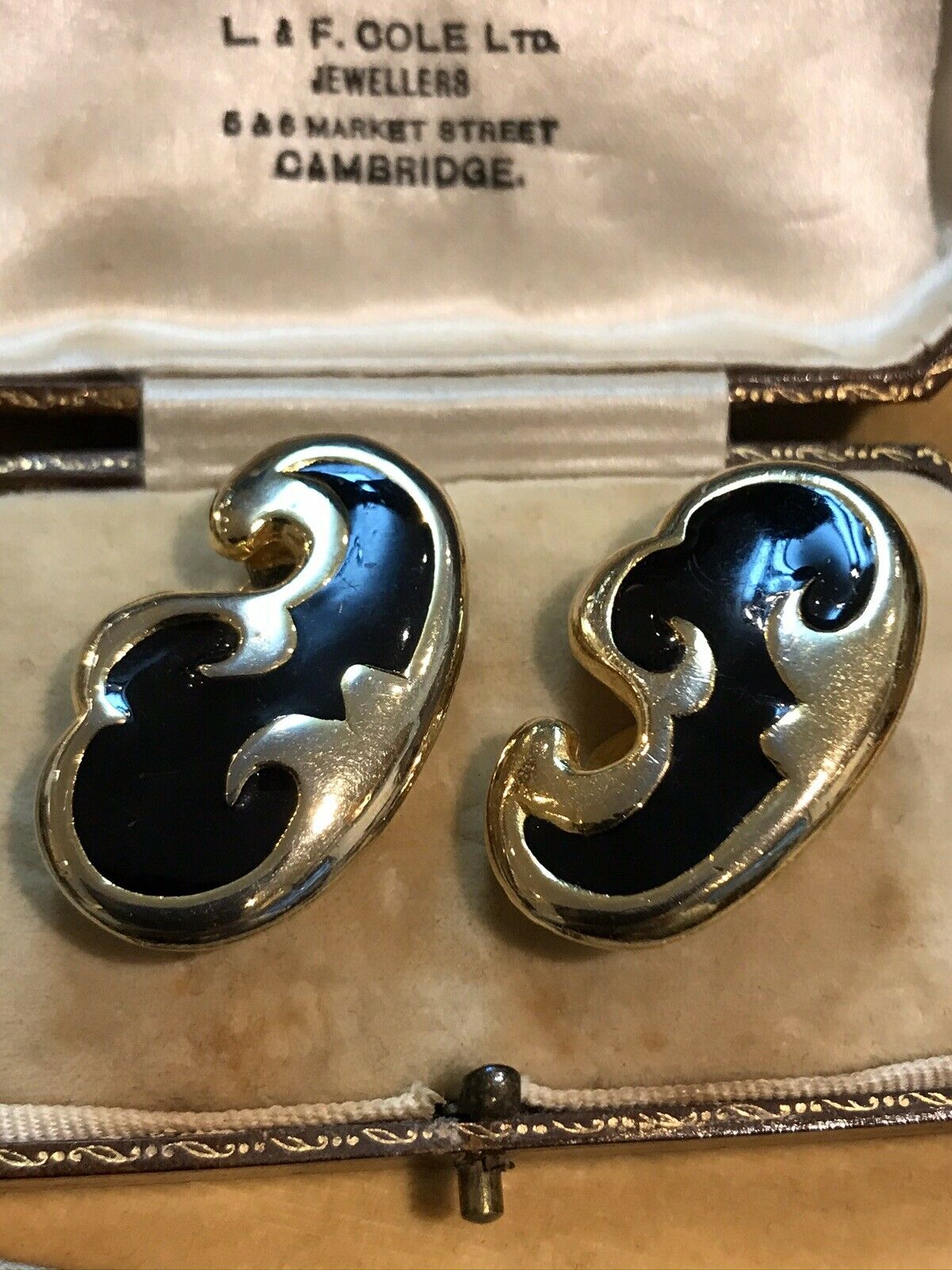 Vintage Black Enamel Gold Tone Clip On Earrings