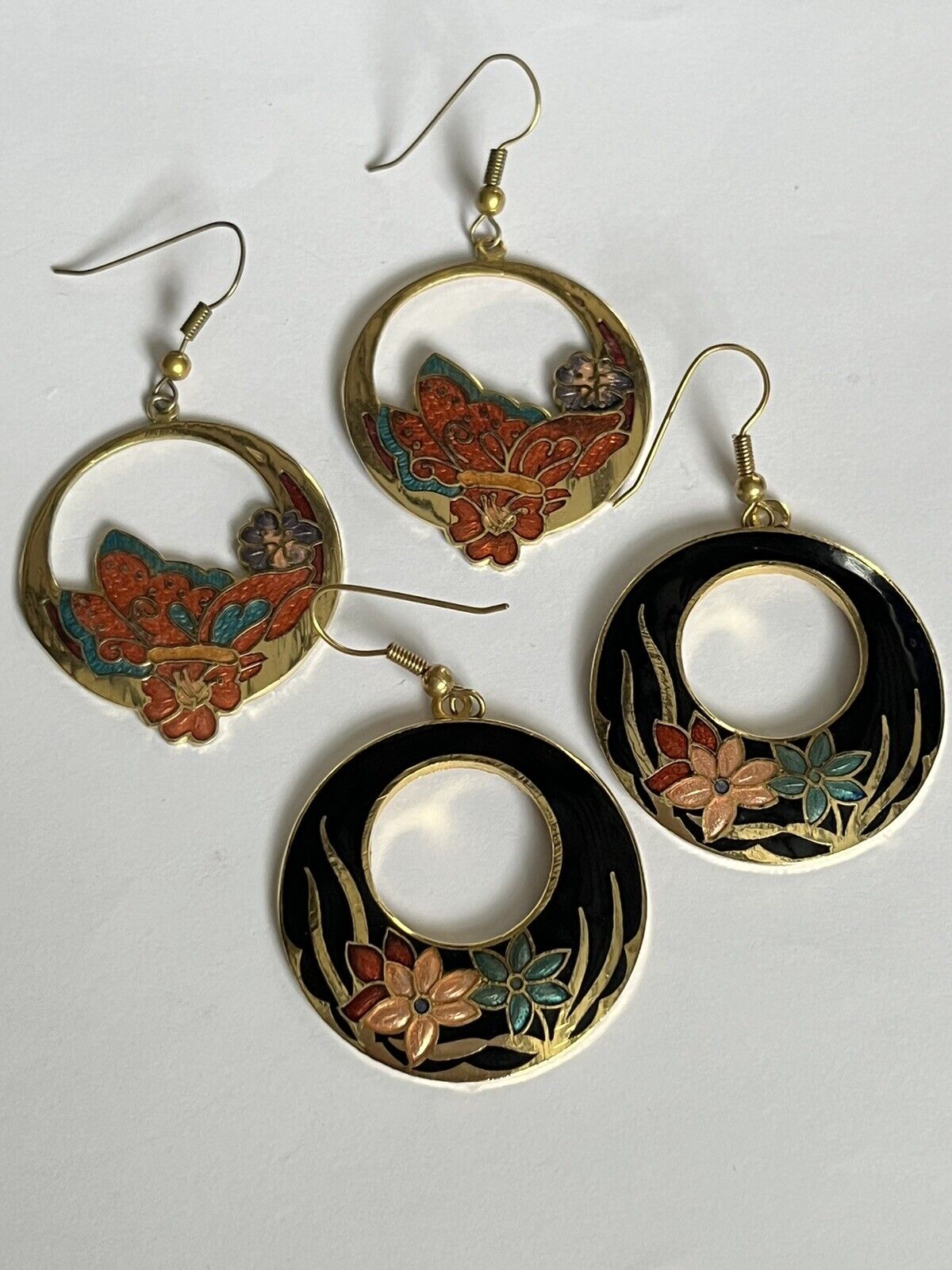 Vintage Enamel Hoop Drop Earrings Set Of Two