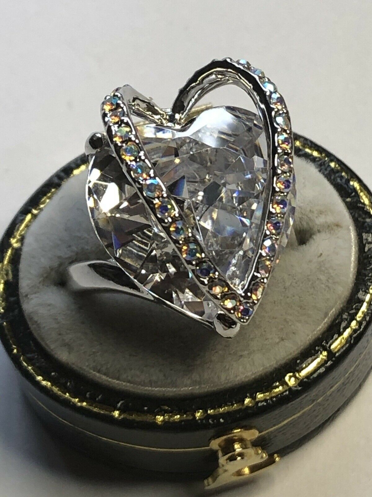 Vintage Rhodium Plated 3D Heart Cubic Zirconia Statement Ring