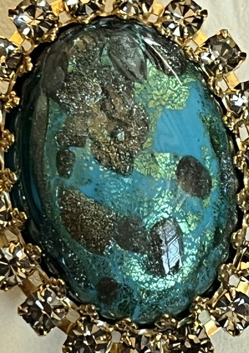 Vintage Gold Plated Turquoise Gold Murano Glass Statement Adjustable Ring