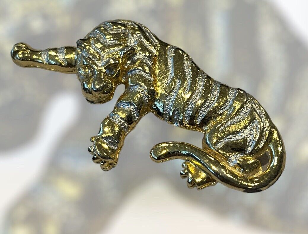 Vintage Gold Silver Tone Tiger Brooch
