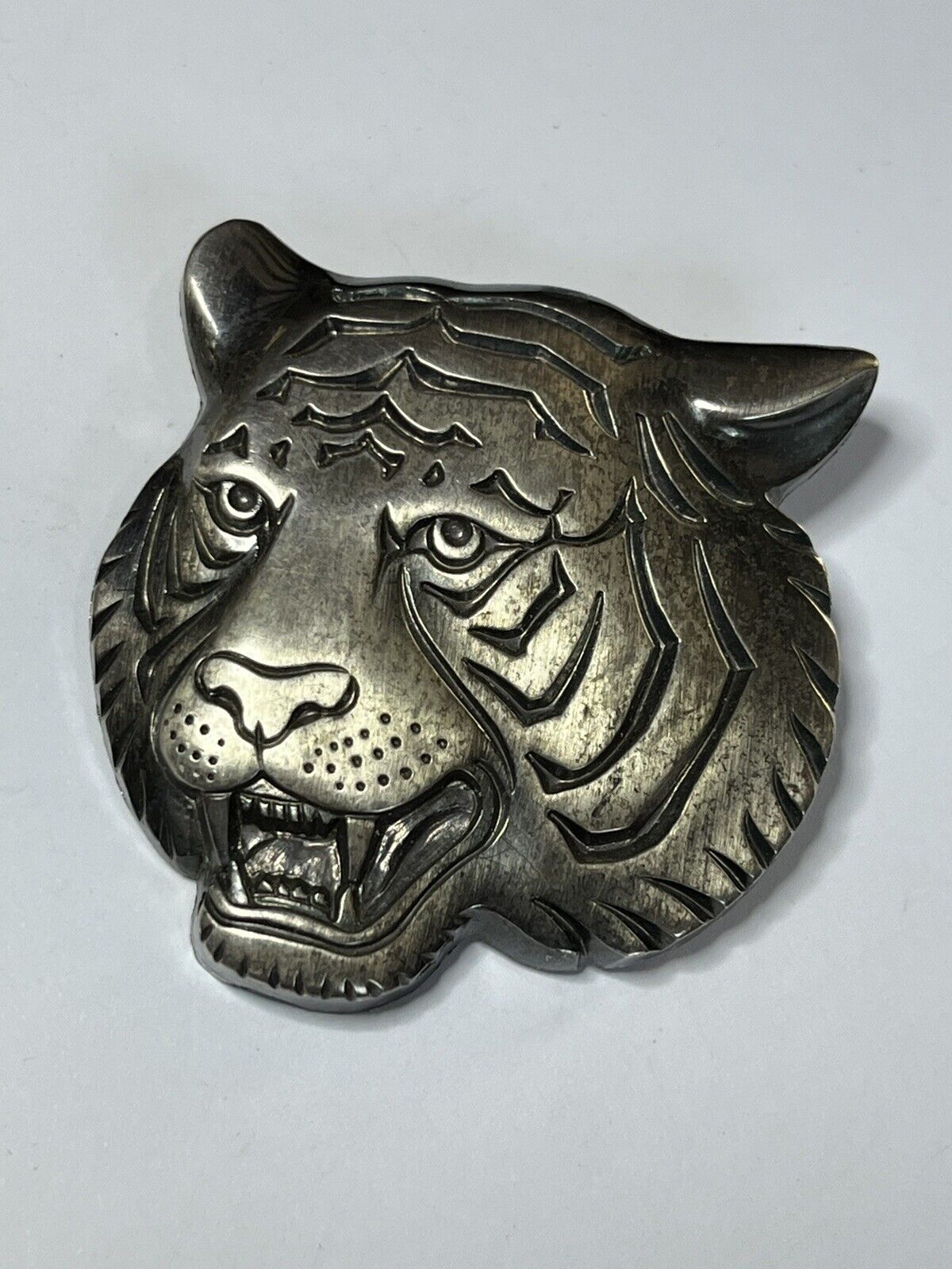 Vintage Large Statement Silver Tone Tiger Brooch