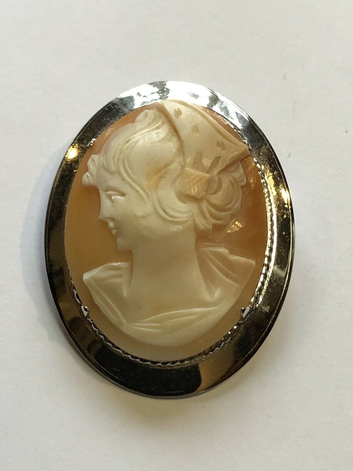 Vintage Silver Shell Carved Cameo Brooch Stamped