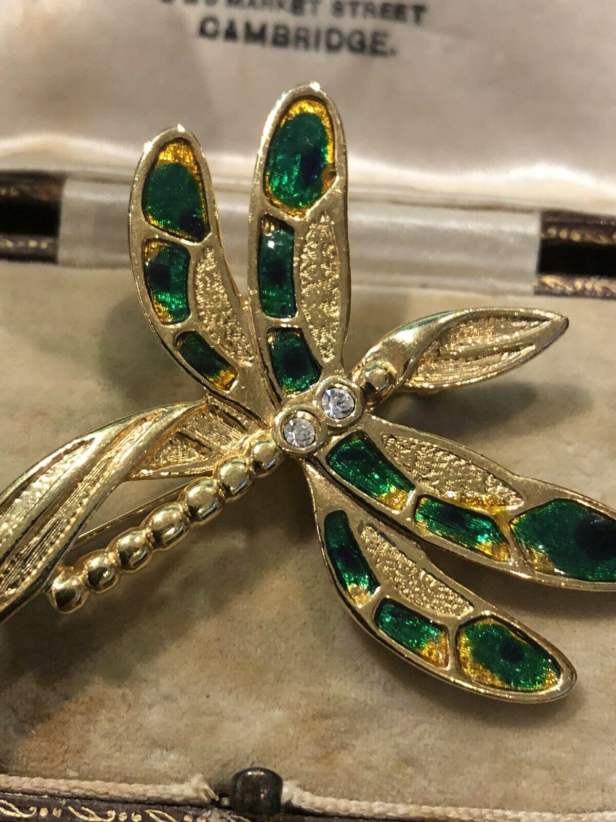 Vintage Gold Tone Diamanté Enamel Dragonfly Brooch