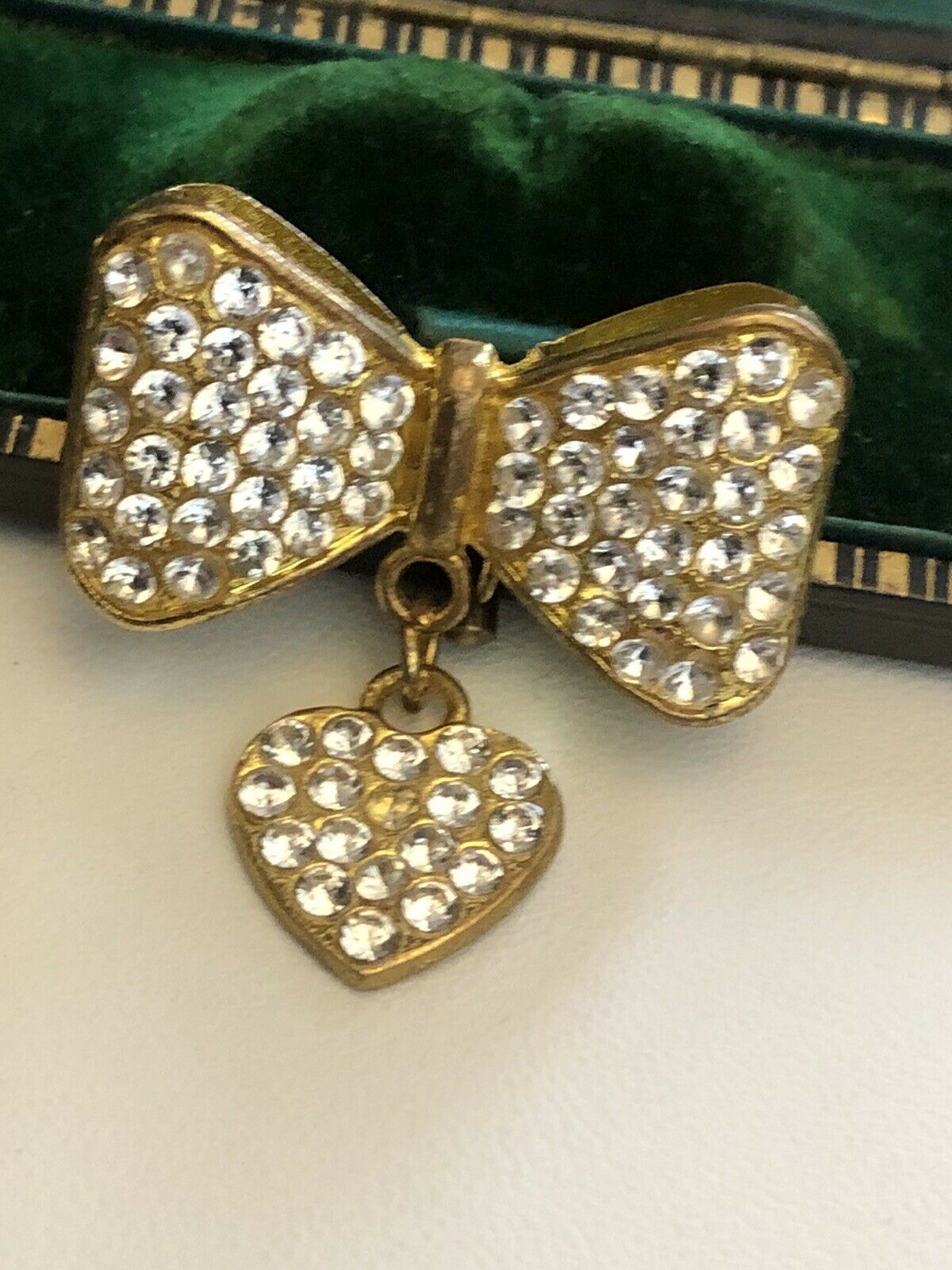 Vintage Gold Tone Diamanté Bow Heart Dangle Brooch