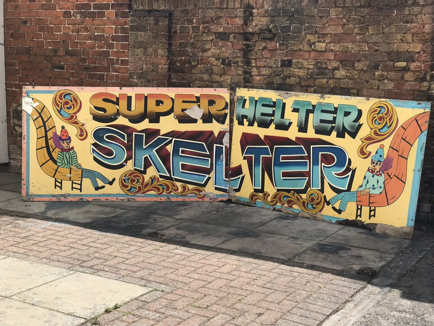 Original 1970's LARGE Fairground Helter Skelter Painted Wooden Sign