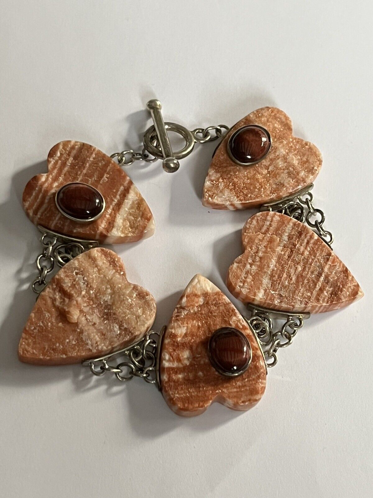 Vintage Silver 925 Natural Stone Hearts Bracelet