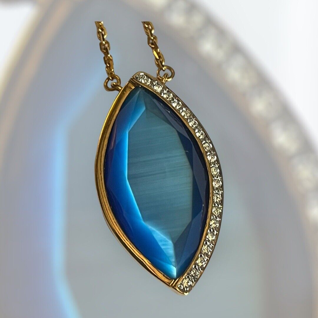 Vintage 1980s Gold Plated Satin Blue Stone Necklace New Old Stock