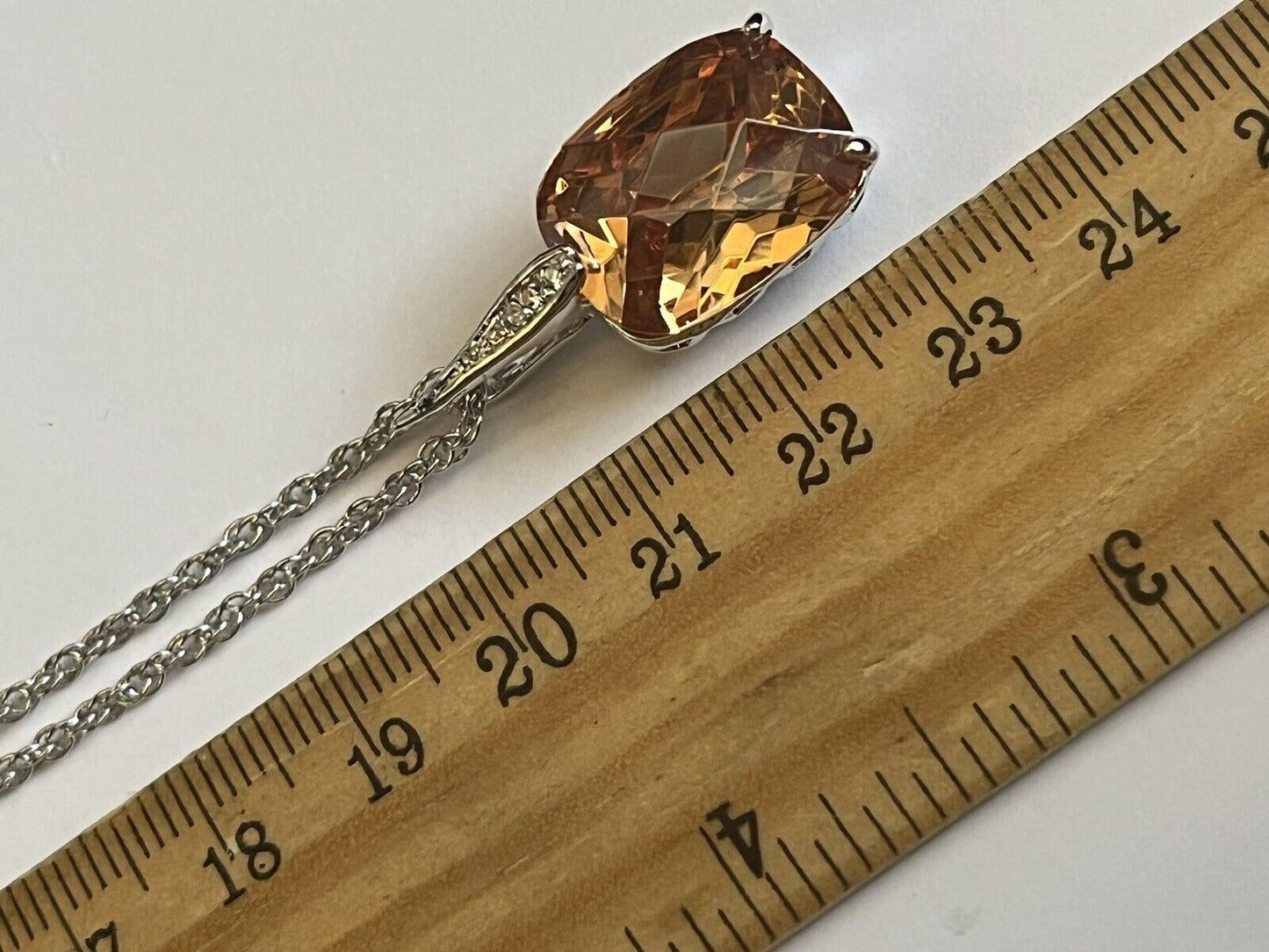 Vintage 1980s Rhodium Plated Solitaire Orange Crystal Necklace New Old Stock
