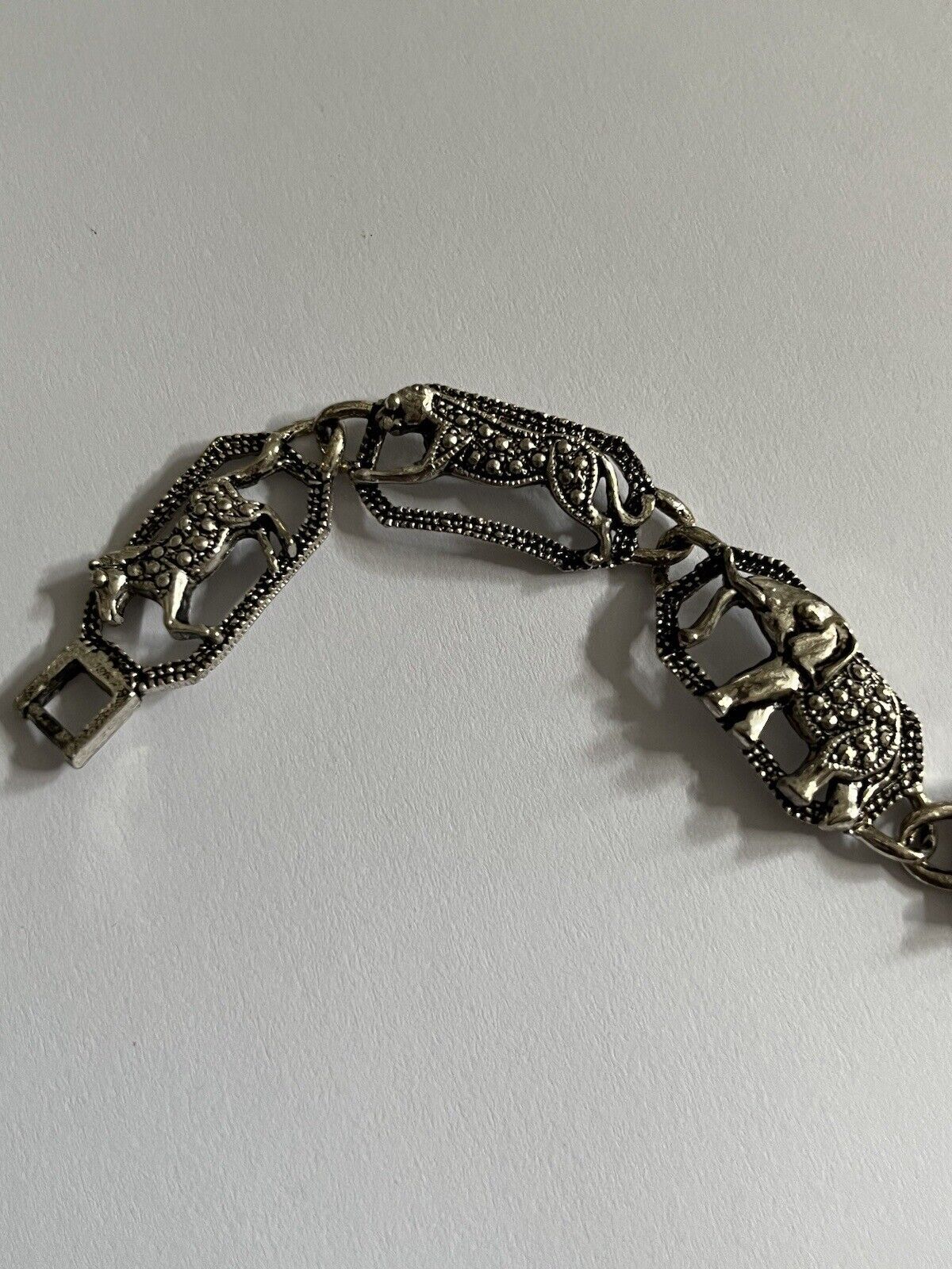 Vintage Silver Tone Marcasite Animals Elephant Lion Leopard Bracelet