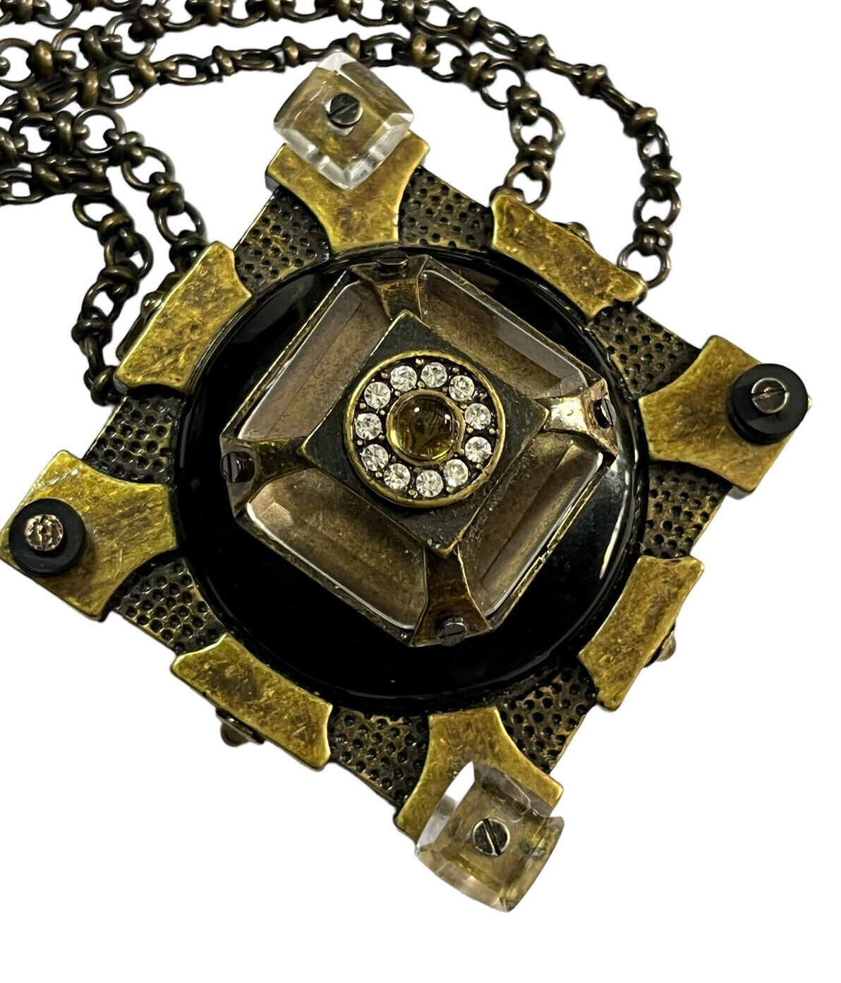 Vintage Statement Unique Metal Glass Brutalist Long Length Pendant Necklace