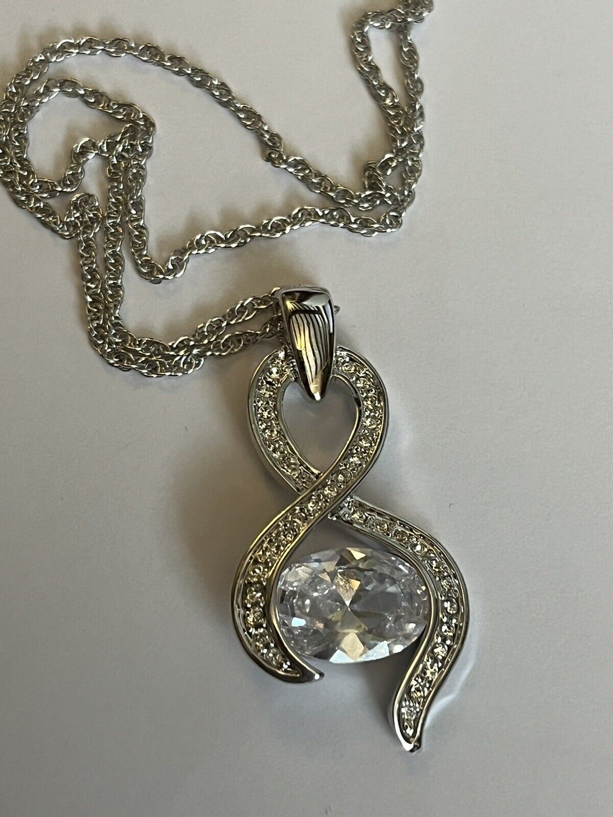 Vintage 1980s Rhodium Plated Solitaire Crystal Necklace New Old Stock